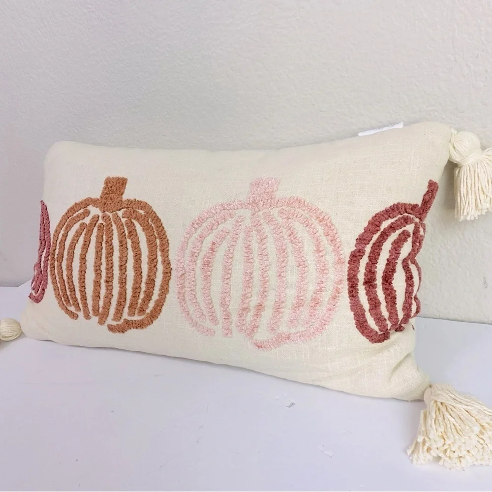 Indigo Moon Pumpkin Embroidered Lumbar Accent Pillow W/ Tassels 24” x 14“